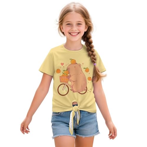 Xhuibop Cute Shirts for Girls Comfy Summer Tops Tie Knot Front Design Tees for Kids 5-12