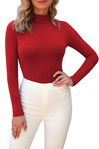 LAOLASI Women's Mock Turtle Neck Long Sleeve Slim Fit Casual Sexy Basic Bodysuit Daily Jumpsuit Shirts, 04-Red, Medium