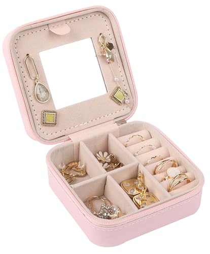Image of Travel Jewelry Case Box Organizer with Mirror, Jewelry Storage,Pink,1 Pcs