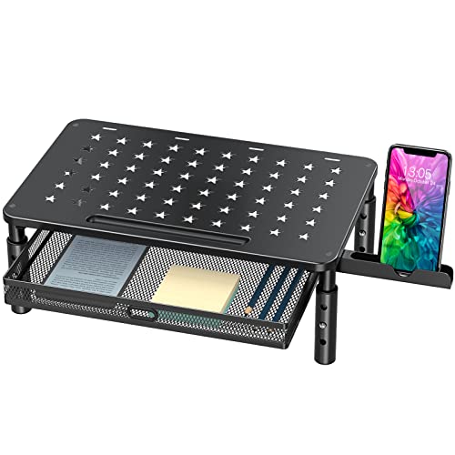 Zimilar-Monitor-Stand-Riser-with-Metal-Mesh-Drawer-Height-Adjustable-Monitor-Riser-with-Phone-Holder-for-Computer-Laptop-Printer-Notebook-Premium-Metal-Computer-Monitor-Stand-with-Storage