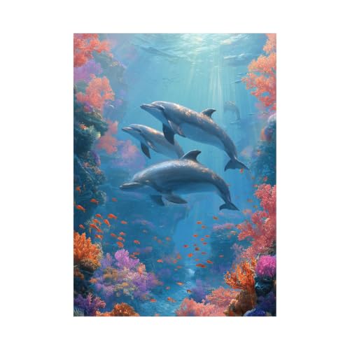 Toile trois dauphins océan poster bleu salon moderne 70x100