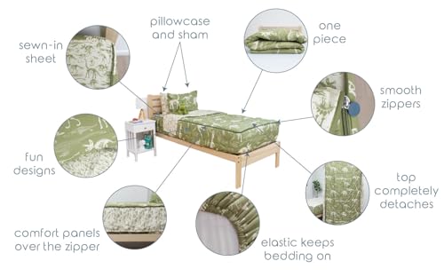 Image of Beddy's Dinosaur T-Rex Durable Zipper Bedding for Kids - Green Sheets & Comforter with Dino Fossils - Includes Pillowcase & Sham - Easy to Make & Wash- Toddler