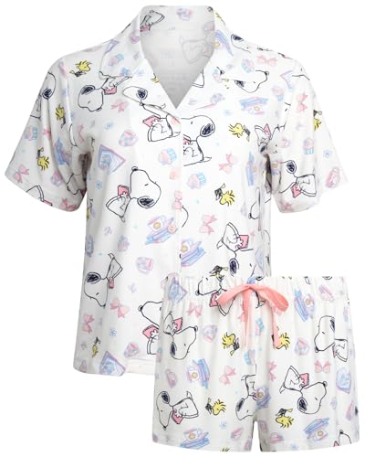 Image of COCO BRANDS Peanuts Snoopy Womens Pajama Set - 2 Piece Short Sleeve Button Down Sleep Shirt and Pajama Shorts
