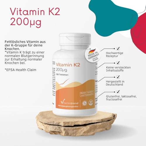 Vitamintrend Vitamin K2 200µg, 180 Tabletten, schluckfreundlich, Nahrungsergänzungsmittel vegan ohne Magnesiumstearat, in Deutschland hergestellt