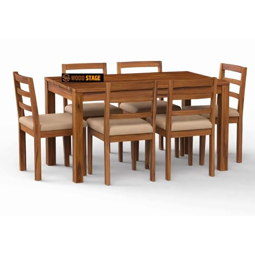 Image of WOODSTAGE Solid Sheesham Wood 6 Seater Dining Table with Cushion Chairs for Dining Room, Living Room, Hall, Home | Wooden Furniture Dinner Table Set (Honey Finish, 6 Seater)