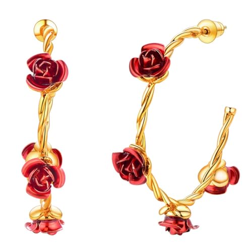 Rose Flower Earrings for Women 18K Gold Plated Twisted Rope Chain Cuff Hoop Earrings with Charm