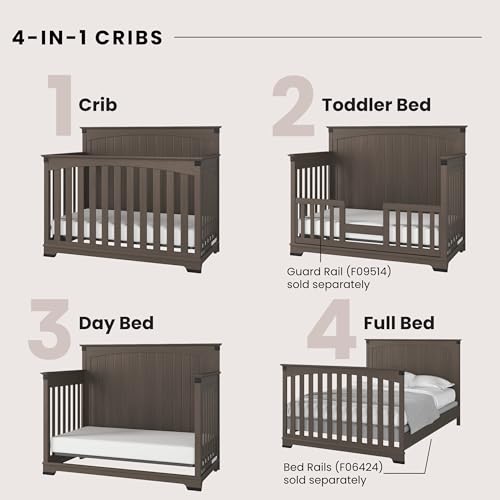 Child Craft Redmond 4-in-1 Convertible Baby Crib, Wood Nursery Furniture Converts to Toddler Bed, Daybed & Full Bed, Adjustable Mattress Heights, Rustic Style, Non-Toxic Baby Safe Finish, Dapper Gray | 4-in-1 Crib, Baby Safe Finish, Non-Toxic, Adjustable