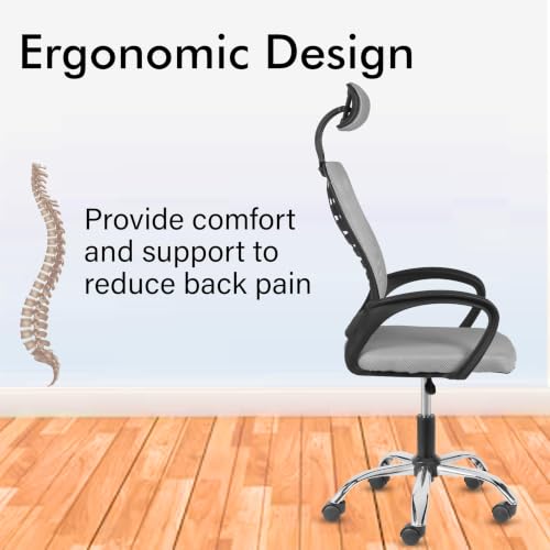 Image of Casa Copenhagen,Mesh Office Desk,Rocking, Ergonomic Computer Chair Adjustable High with Headrest and Comfortable Armrest Swivel Chair - Grey & Black Handle