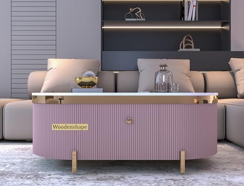 Image of Premium Marble-Top Center Table with One Storage Door and PVD Coated lron Legs and Coffee Table with Oval Design for Living Room and Entryway [ Modern coffee table ] ,42x24x18 Inch, (Pink)