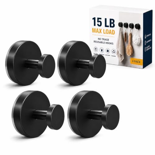 Image of KORCCI Suction Cup Hooks 4 Pack, 15 LB Bathroom Towel Hooks, 304 Stainless Steel No Drilling Hooks for Towels, Robes & Loofah, Waterproof Shower Hooks for Glass, Mirror, Tile, Black