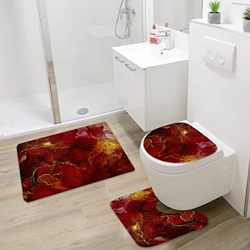 Gibelle 4 Pcs Burgundy Marble Shower Curtain Set With Non-Slip Rugs, Toilet Lid Cover And Bath Mat, Bathroom Decor Set With Shower Curtain And Rugs And Accessories #TOP2