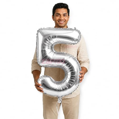 Image of Balloonistics Silver 40-Inch Foil Number 5 Balloon - Helium or Air Fill for 5th Birthday, 5-Year Anniversary Party Decoration, Photo Booth Backdrop, Cake Table Decor