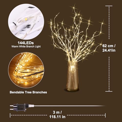 3er Set Lichterbaum 144 LEDs Lichterzweige 8 Modi DIY Baum Licht Zweigstelle Birke Warmweißes Zweiglicht mit Stecker Leuchtzweige für Christmas Weihnachtsdeko Erntedankfest Deko Wohnzimmer – Bild 2