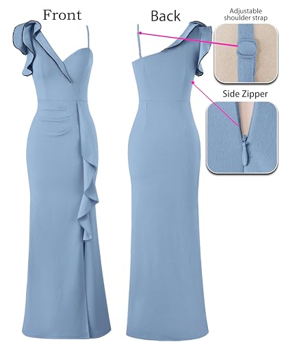 Image of VFSHOW Womens Formal Prom Elegant Ruffle One Shoulder Beaded Strap Ruched Slit Maxi Dress Wedding Evening Long Gown