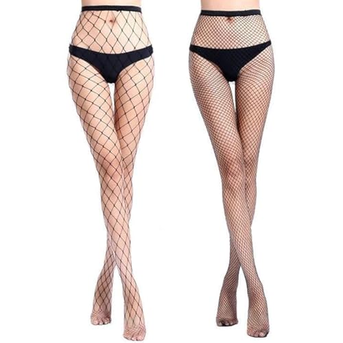 Image of 2 Pairs 20D Women's Fishnet Sheer Tights Control Top Pantyhose with Reinforced Toes Size 90-150lbs black Big+Medium Net