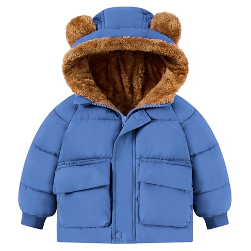 Image of SFreeBo Baby Boys' Coats Winter Toddler Fleece Jacket Zipper Thick Fur Lining Bear Ear Hood Cute Baby Puffer Down Coat Outwear with Pockets Blue 1-2Y