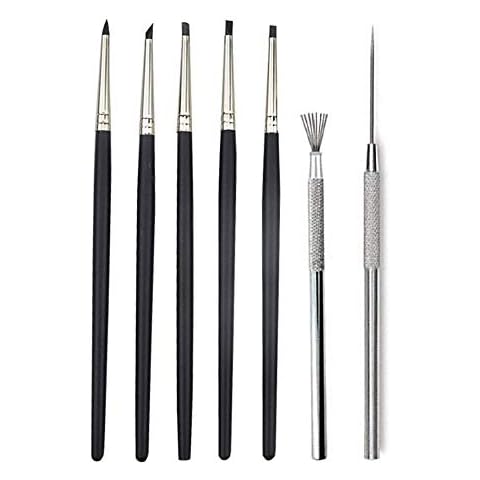 COMIART Artist Sculptural Supplies Tools Set,5pcs Size 0 Silicone Color Shaper Painting Brushes +1pcs Professional Detail Needle +1pcs Feather Wire Texture Metal Brushes Cover