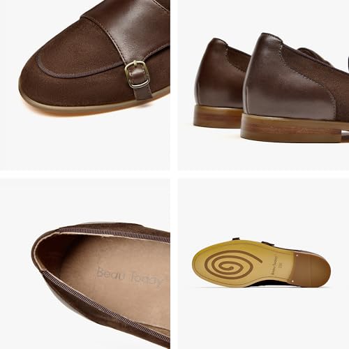 Image of BEAU TODAY Monk Straps Loafers for Women Double Buckles Design Womens Leather Flat Shoes Comfort Business Slip-on Casual Round Toe Loafer Shoes