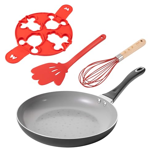 Prestige Disney Non Stick Ceramic Pancake Pan & Utensil Set for Pancake Day – 28cm Non Stick Induction Hob Frying Pan for Crepes, Pancake Turner, Large Multi Pancake Mould, Balloon Whisk Small