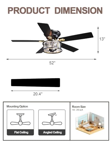 Image of 52 inch Low Profile Flush Mount Crystal Chandelier Fan with Light