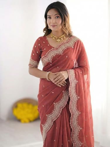 Image of SIRIL Women's Shimmer Georgette Scalloped Border Sequins Embroidery Saree with Unstitched Blouse Piece