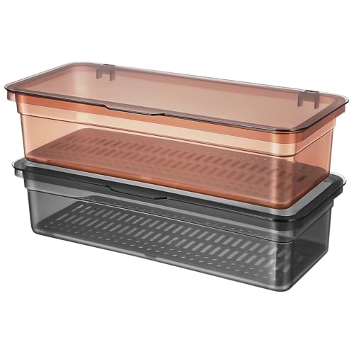 DOITOOL Organizador de Cubiertos con Tapa de Plástico Transparente y Marrón Té Bandeja Escurridora para Utensilios Caja de Almacenamiento con Drenaje para Cocina y Encimera Set de 2