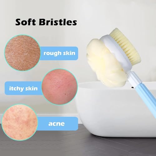 Image of 2-In-1 Body Bathing Brightening Brush With Soft Bristle&Loofah Body Back Scrubber Brush Massage Bath Scrubber For Smooth,Glowing Skin - Long Handle Shower Bath Brush For Unisex (FOLDING)