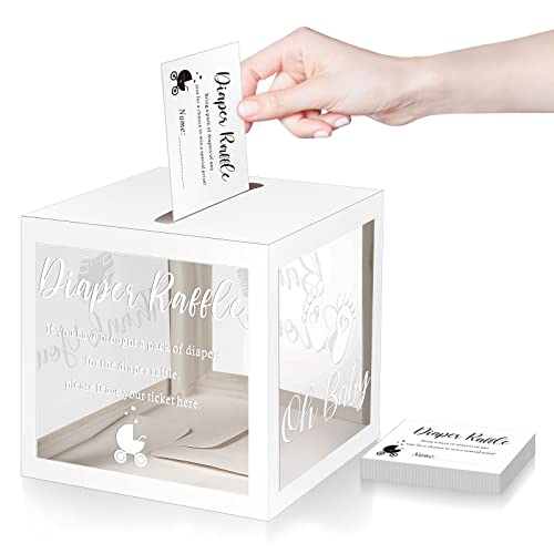 Funrous 50 Diaper Raffle Tickets with Box for Baby Shower Game Invitations Diaper Raffle Card for Gender Reveal Baby Shower Party Decoration Table Centerpiece(Clear White)