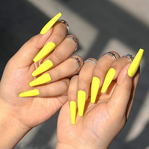 Sethain Mat Ballerine Faux ongles Bleu Pur Faux ongles Longue Couverture complète Cercueil appuyer sur Ongles pour les femmes et les filles (Jaune) Cover