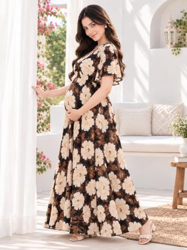 Image of CLOUD SOFT Women's Rayon Cotton Floral Printed Maternity Feeding Gown | Full-Length Nursing Nighty with Zipper | Pre & Post Pregnancy Dress (CS11004-5 MT All)