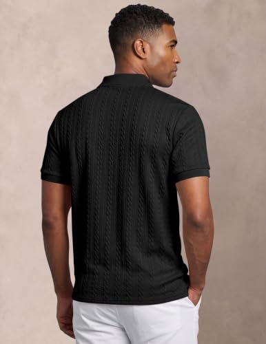 Image of JMIERR Men's Cable Knit Polo Shirts Elasticity Short Sleeve | Men's cable knit polo shirt with elasticity, machine wash, short sleeve, breathable textured knit for spring summer