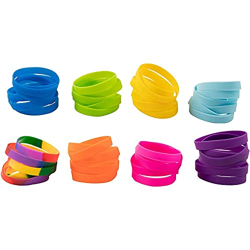 Silicone Bracelet - 48-Pack Blank Rubber Wristbands for Sports Teams, Games, Kids Play, Party Favors, 8 Colors, Circumference: 8.1 Inches, Width: 0.4 Inches