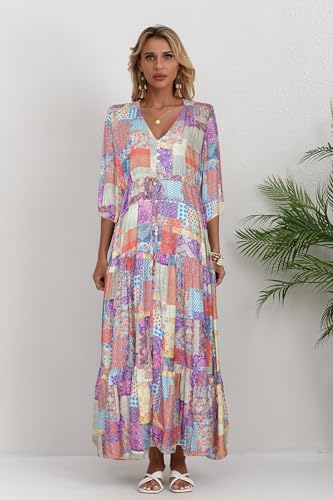 Image of Women Short Sleeve V Neck Floral Print Casual Bohemian Maxi Dresses
