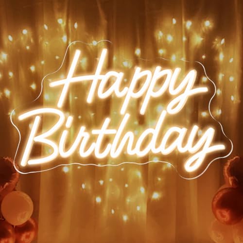 MHneonsign Warm White Happy Birthday Neon Sign, LED Neon Light for Birthday Party Decor, Powered by USB Neon Signs, Led Signs for Backdrop(16 x 9.8 inch)