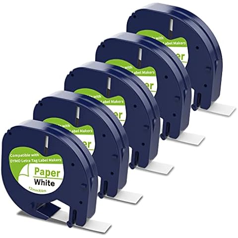Home Colortly 5 Pack Compatible Label Tape Replacement for DYMO LetraTag Refill 91330 (10697) Work with Dymo Letratag Label Maker LT-100T LT-100H QX50, dymo letratag labels12mm x 4m-1/2 x 13 White Cover