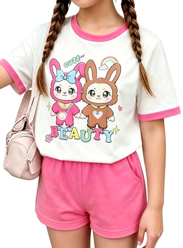Image of Girls Clothes 2PCS Butterfly Print Short Sleeve T-Shirt + Shorts Set Teen Tween Girls Summer Outfits Set