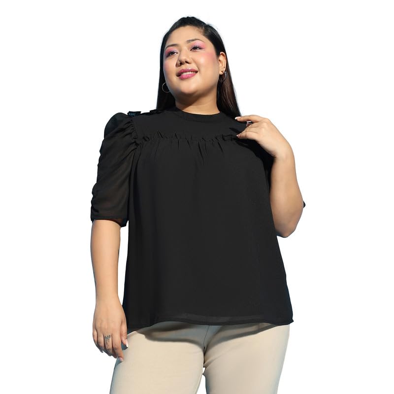 Image of oxolloxo Women Plus Size Round Neck Short Sleeve with Gather Pleates Ruffle Detail Top