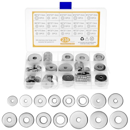 QWORK® 250 Pièces rondelles, rondelles plates en acier inoxydable 304 pour vis, 15 tailles de rondelles pour assortiment de boulons