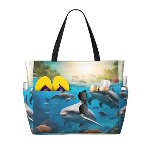 Dolphins Sea Turtle Shark Octopus Coral Print Waterproof Beach Bag For Womentote Bag Zipper And Pockets For Travel Vacation