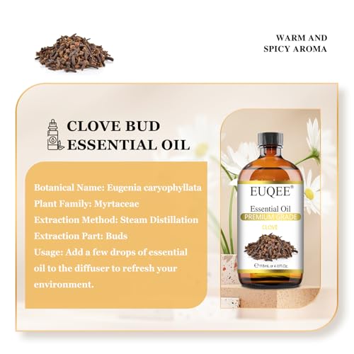 EUQEE Clove Essential Oil Large Capacity (4 oz/118 ml) Premium Clove Bud Oil - with Glass Dropper, Great for Diffusers, DIY Candle e & Soap Making