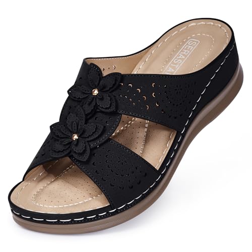 SERASTAR Dressy Flat Sandals for Women - Black Arch Support Comfortable Walking Slip on Summer Casual Beach Wide Width Flower Cute Womens flats Slide Sandal Outdoor Shoes Size 8