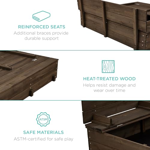Image of Best Choice Products Large Outdoor Wooden Sand Box for Kids, Sandbox with Cover, Bench Seats Support up to 220 lbs, Bottom Liner for Drainage, Cedar Wood - Espresso