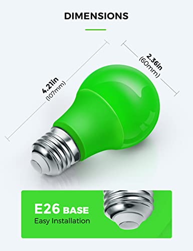 Image of L LOHAS LED Green LED Light Bulbs, A19 9W (60W Equivalent) Christmas Green Colored Light Bulb Indoor, E26 Base, Non-Dim, 4 Pack