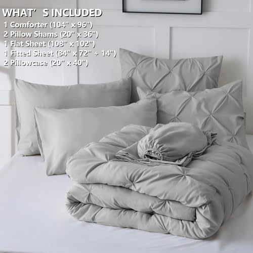CozyLux California King Comforter Set Light Grey - 7 Pieces Cal King Pintuck Bed in A Bag Gift for Family, Pinch Pleat Bedding Sets with All Season Comforter, Sheets, Pillowcases & Shams
