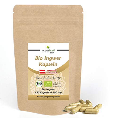 150 Stk. BIO Ingwer Kapseln 400 mg pro Kapsel, Hochdosiert, Vegan, Frei von jeglichen Zusatzstoffe, Ohne Magnesiumstearat, 4 Monatspackung