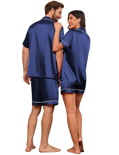 Image of Ekouaer Couple Matching Pajamas Sets Silk Short Sleeve Button Down Sleepwear Satin Pjs Shorts Set Soft Loungewear S-XXL