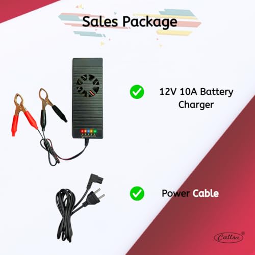 Image of 12V 10A Fast Battery Charger with 5-Level LED Indicator for Car & Bike, Smart Automotive Battery Charger with Cooling Fan, Heavy Duty Clamps for Lead Acid, Lithium, Inverter & UPS Batteries