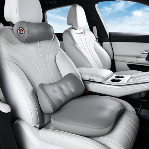 Image of Coverado Seat Cushion and Lumbar Support Pillow for Driving Seat, Neck Headrest Pillow with Adjustable Strap, Soft and Breathable PU Leather, High Density Memory Foam for Neck & Lower Back Pain Relief