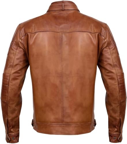 Image of Men Cafe Racer Motorcycle Style Solid Leather Jacket Slim Fit Motorcycle Brown Cafe Racer Leather Jacket