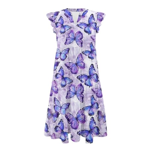 Image of Women's Casual Ruffle Sleeve Dress V Neck Pullover Dress Flowy A-Line Pleated Lightweight Dress with Pockets